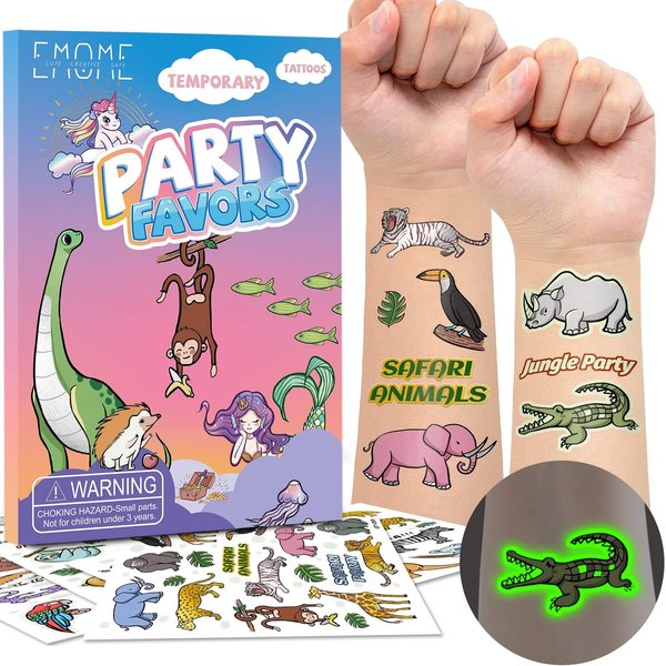 EMOME Temporary Tattoos for Kid, Kids Tattoo Stickers for Birthday Party Supplies Decorations, Glitter Luminous Temporary Kids Tattoos (Jungle)