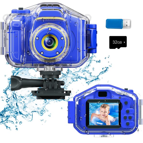 DEKER Kids Waterproof Camera, Christmas Birthday Gifts for Boys Girls Toys 3-12 Year Old, Underwater Mini Children HD Digital Action Camcorder, 2 Inch IPS Screen with 32GB Card (Dark Blue)
