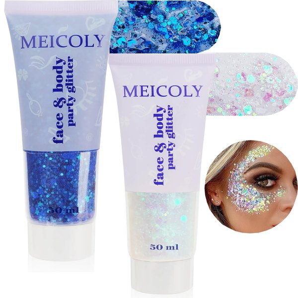 MEICOLY 2pcs Face Body Glitter,Singer Concerts Festival Rave Accessories,Mermaid Face Glitter Gel,Sparkling Sequins Glitter Face Paint,Holographic Chunky Glitter for Eye Lip Hair,100ml,White+Blue