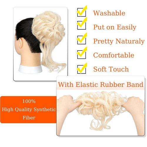Qunlinta Messy Bun Hair Piece, Long Wavy Tousled Updo Hair Bun Extensions Wavy Hair Wrap Ponytail Hairpieces Hair Scrunchies with Elastic Hair Band for Women Girls -Bleach Blonde