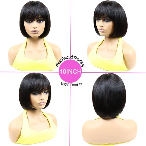 Mofyue Short Human Hair Bob Wigs With Bangs Straight Realistic Scalp Glueless Non Lace Front Wig For Women Blunt Cut Bob Wigs 180% Density (10 Inch)