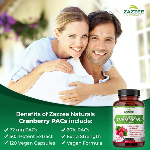 Zazzee Cranberry PACs, 72 mg PACs per Capsule, 2X Strength, 100% Soluble, 120 Vegan Capsules, 50:1 Extract, 18,200 mg Strength, Fast-Acting, Effective Urinary Tract UTI Support, Made in The USA