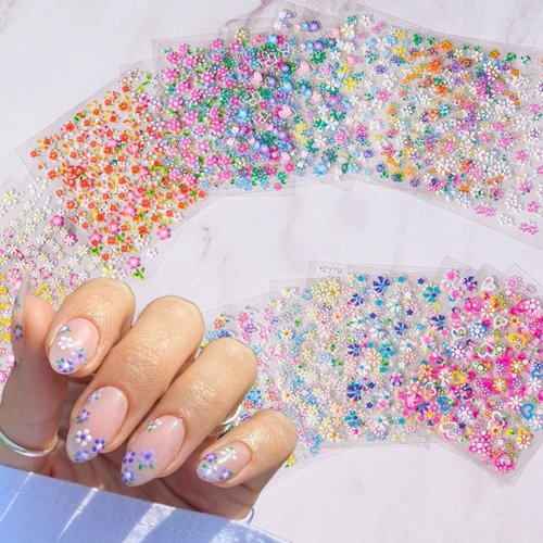 30PCS Flower Nail Art Stickers 3D Self-Adhesive Colorful Flower Nail Art Supplies Yellow Daisy Nail Decals Pink Floral Nail Design Cute Heart Nail Stickers for Women Nail Art Manicure Tips Decoration