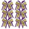 Cheerleader Bows 8 Inch 3 Layers 6 Pcs Ponytail Holder Jumbo Cheerleading Bows Hair Elastic Hair Tie for High School College (Purple/White/Gold)