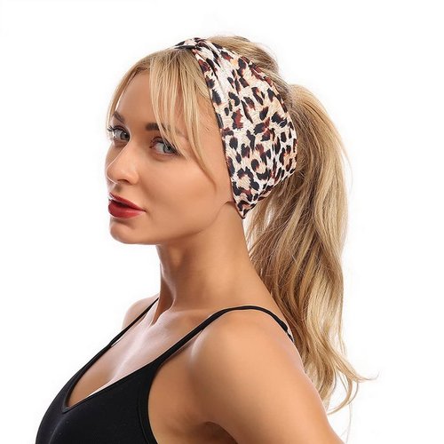 Woration Headband Yoga Leopard Print Cross Wide Elastic Headwear Head Wrap Hairband Twist Turban Knot Headdress Hair Accessories for Women, Girls - Khaki