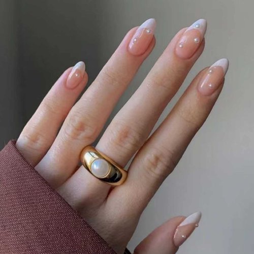 DANMANR Square Press on Nails Short Fake Nails French Acrylic Full Cover False Nails for Women and Girls 24PCS (White Pearl)