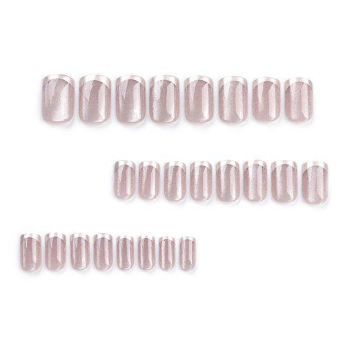 MERVF Square Press on Nails Medium Fake Nails Cat Eye Squoval Glue on Nails Press ons Sliver French tip Artificial Acrylic Nails Glossy False Nails 24pcs