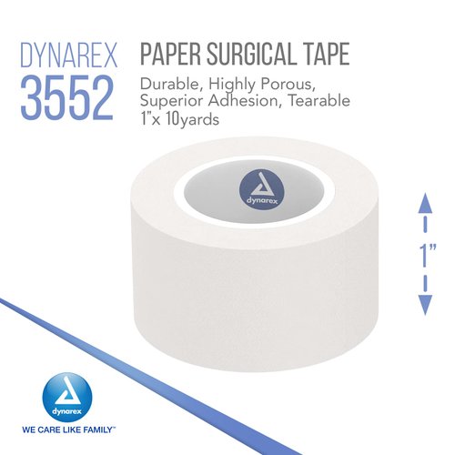 Dynarex Paper Surgical Tape, Use to Secure Wound Care with Medical Gauze, Dressings, and Non-Adherent Pads, First-Aid Kit Essential, White, 1” x 10 yds, 1 Box of 12 Rolls
