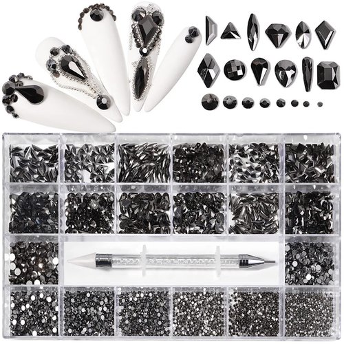 Yzzseven 12 Types of 600 Diamonds +2500 Flat Rhinestones Mix 20 Styles Flatback Rhinestone Crystals 3D Decorations Flat Back Stones Gems Set for for Nail Art DIY|（Mine black）