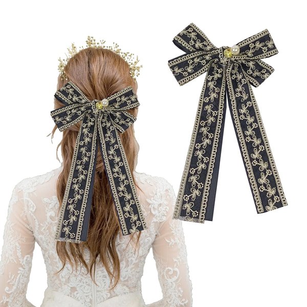 Lace Hair Bows Clips Pearl Spring Hair Barrettes with Ribbon Bow Hair Accessories for Women and Girls Wedding, Prom, Bachelorette Party, Bridal Shower Gift (Pearl Black)
