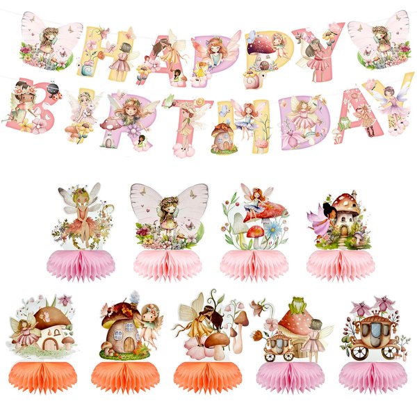 AIHSUMC Fairy First Birthday Decorations, 9 Pcs Fairy Mushroom Honeycomb Centerpieces with Fairy 1st Birthday Banner, Fairy Centerpieces for Tables for Anniversary Baby Shower Party Supplies