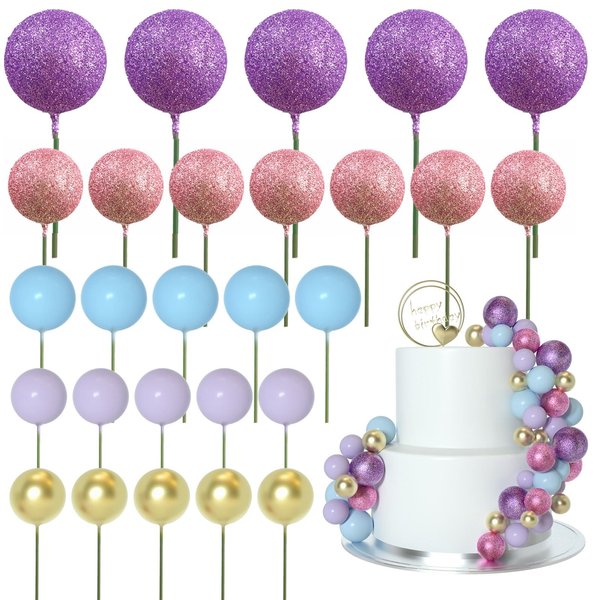 ASTARON 50 Pcs Ball Cake Topper Sticks Mini Balloons for Cake Decorating Supplies Foam Balls Cake decorations for Party Cake Birthday Cake Toppers Decorations (Pink，Purple，Blue)