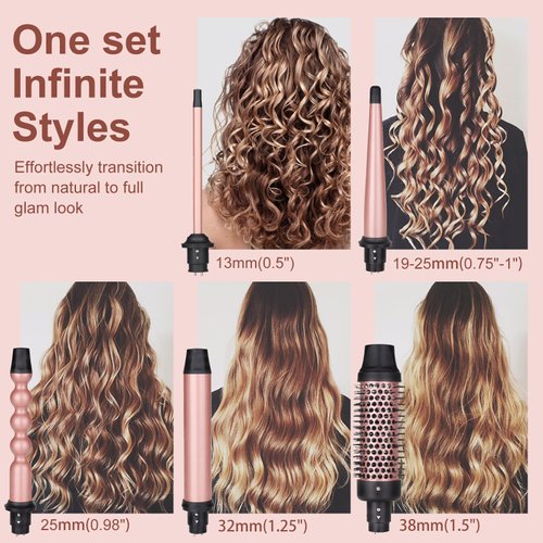 UNOBEY 5 in 1 Curling Wand Set, Curling Brush Curling Iron Set with Curling Brush and 4 Interchangeable Ceramic Curling Wand(0.5”-1.25”), Fast Heating, Include Glove & 2 Clips