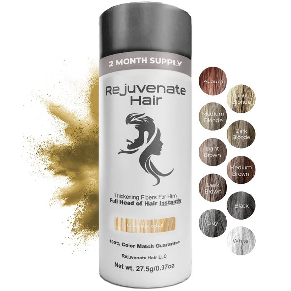 REJUVENATE Hair Fibers for Thinning Hair (Medium Blonde), Undetectable Hair Powder for Men & 100% Natural Hair Building Fibers - Conceals Hair Loss - Bald Spot Cover Up Hair Powder, 2 Month Supply