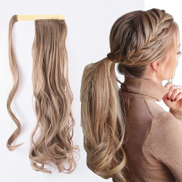 Gangel Ponytail Extension Curly Wavy Pony Tails Wrap Around Hairpiece Claw Synbthetic Clip in Long Hair Extensions Magic Paste Hair Wraps Hair Pony Tail for Women(Pack of 1) (Ash Blonde-curly(M12613))