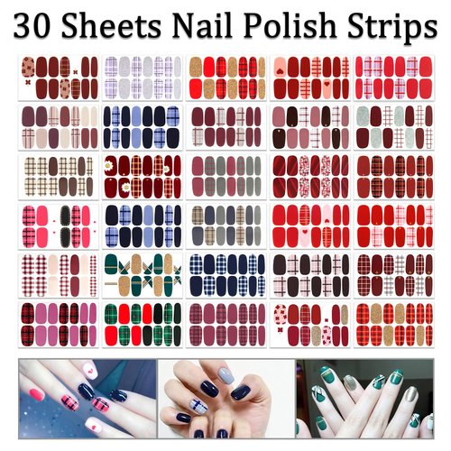 SILPECWEE 30 Sheets Plaid Nail Polish Strips Full Nail Wraps Self Adhesive Nail Polish Stickers for Women Nail Strips Real Nail Polish Nail Art Accessories with 1pc Nail File
