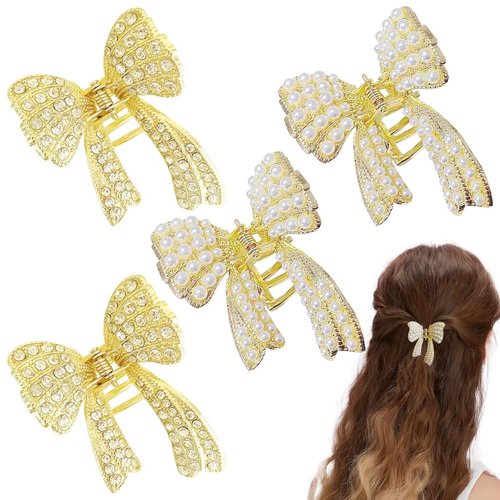 4 Pcs Bow Diamond Pearl Hair Clips for Women Girls, Small Non Slip Strong Hold Hair Jaw Clips for Women Thin and Thick Hair Headwear Gifts