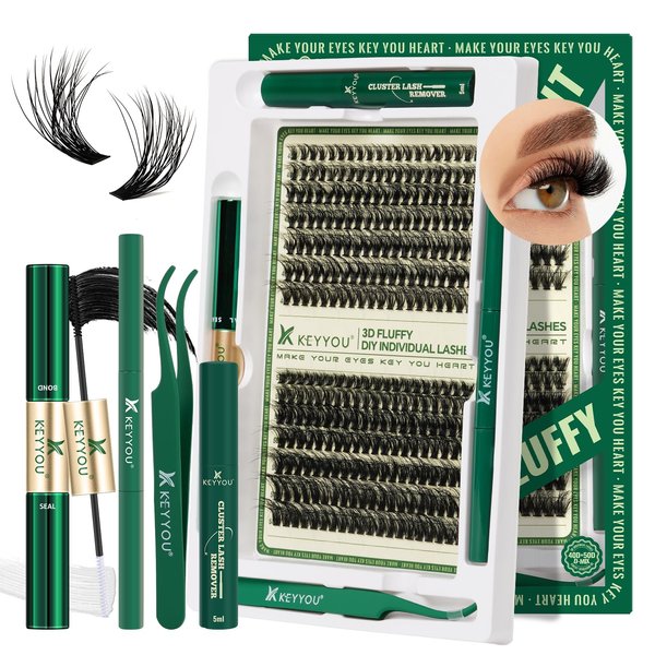 Lash Extension Kit 3D Effect Lash Clusters KEYYOU 280pcs D Curl 8-16MIX Eyelash Extension Kit with Lash Bond and Seal,Tweezers,Remover and Brush for Fluffy DIY lash extension kit（3D-40D50D-D-8-16MIX）