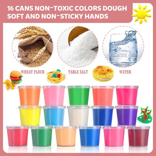 Dough for Kids Play Tool Set for Toddlers, 36Pcs Kitchen Creations Noodle Playset and Ice Cream Maker Machine Dough for Kids Play Kit for Kids Birthday for Kids (16 Colors Dough Included)