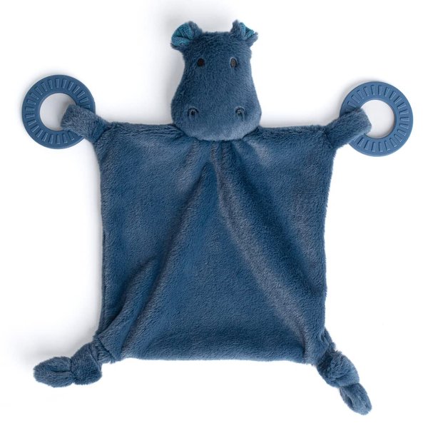 Bella Tunno Teether Buddy – Soft, Plush Baby Lovey with Textured Baby Teether Toy and Gentle Rattling Head, Comforts and Brings Teething Relief, Colorful Animal-Themed Baby Teething Toys (Hippo)