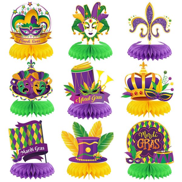 9 Pieces Mardi Gras Table Honeycomb Centerpieces Decorations Crown Mask Sign Table Toppers 3D Double Side Table Centerpieces for Mardi Gras Masquerade New Orleans Party Supplies