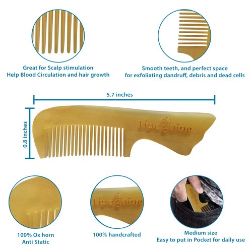 Lipogaine No Static Buffalo Horn Hair Comb for Scalp Stimulation for Hair Growth, Fuller and Stronger Hair for Men Women and Kids
