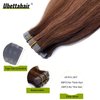 Tape in Hair Extensions Real Human Hair 20 Pieces Double Sided Tape in Hair Skin Weft Invisible Remy Hair Extensions Tape on Brown to Auburn Brown Highlights Remy Hair Extensions Tape ins 14Inch 30G