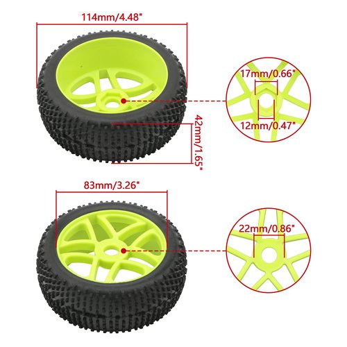 17mm Hub Wheel Rim Tires 1:8 Scale Off-Road RC Car Buggy Tyre Green Pack of 4