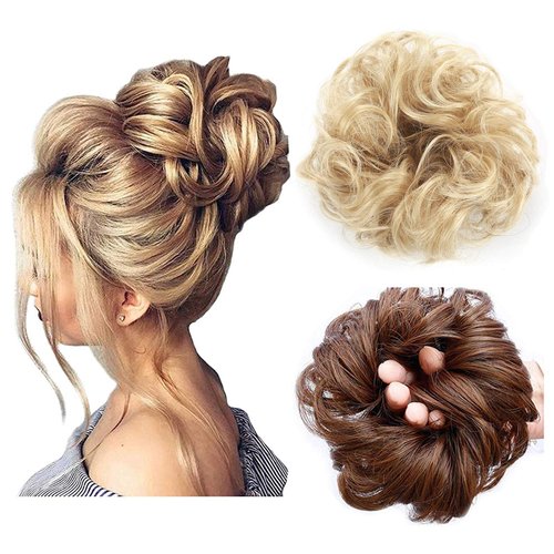 ASUITOFK Messy Bun Hair Piece Thick Updo Scrunchies Synthetic Hair Extensions Ponytail Hair Wig Hairpiece Pale Golden Blonde & Bleach Blonde Mixed