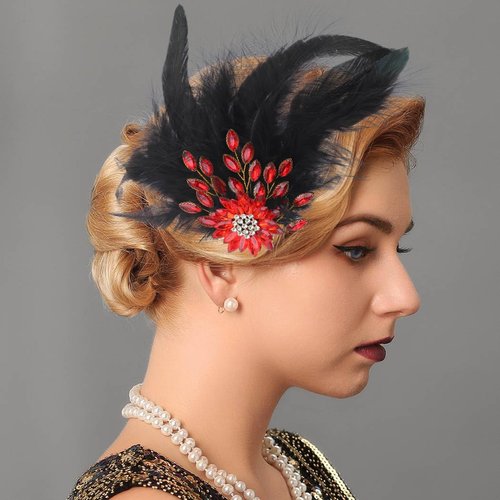 Yokawe 20s Feather Hair Clip Elegant Black Feather Hair Clips Red Crystal Gatsby Party Head Accessories for Women
