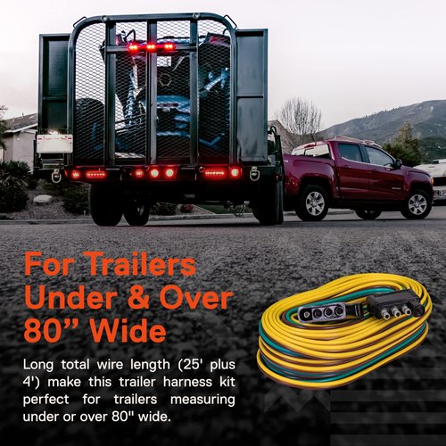 True Mods 4 Pin Flat Trailer Light Wiring Harness Kit [Wishbone-Style] [SAE J1128 Rated] [25' Male & 4' Female] [18 AWG Color Coded Wires] 4 Way Flat 5 Wire Harness for Utility Boat Lights