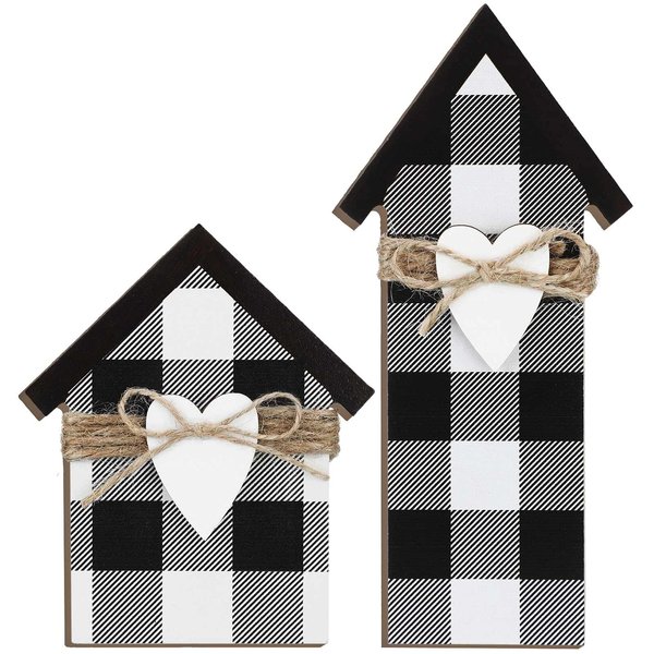 2 Pieces Buffalo Plaid Decor Wooden House Shaped Block Sign, Farmhouse Buffalo Plaid Home Sign Tiered Tray Decor for Christmas Living Room Window Shelf Desk Office