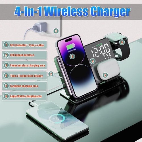 NORMIA RITA 4-in-1 Wireless Charging Station for Apple Devices, 18W Fast Charge Wireless Charger Alarm Clock and Temperature Display, Wireless Charger Stand for iPhone 16 15 14 13 12, Apple Watch