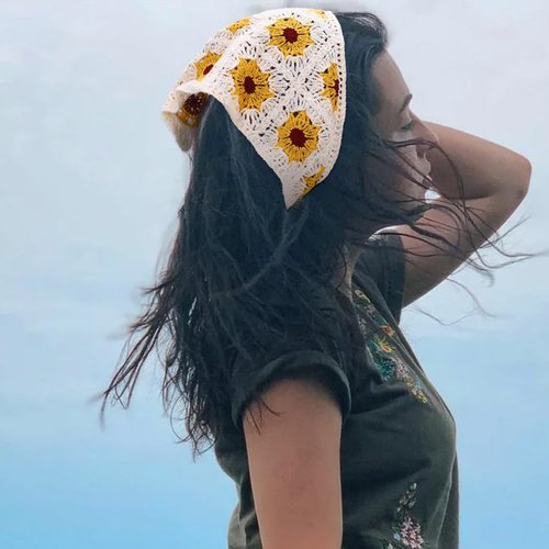 Urieo 2 Pcs Floral Crochet Headband Knitted Hair Bandana Party Daily Tie Back Hair Scarf Floral Bandana Headband for Women Girls (Yellow+Blue)