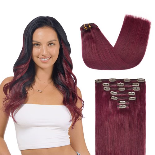 GOO GOO Clip in Hair Extensions Real Human Hair, 14inch 120g 7Pcs, 530 Burgundy, Remy Human Hair Extensions Clip ins for Women, Natural Human Hair