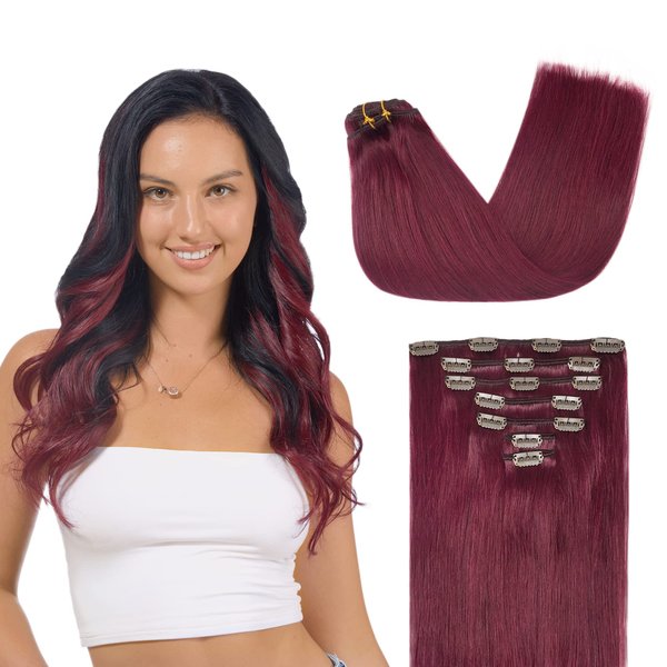 GOO GOO Clip in Hair Extensions Real Human Hair, 14inch 120g 7Pcs, 530 Burgundy, Remy Human Hair Extensions Clip ins for Women, Natural Human Hair