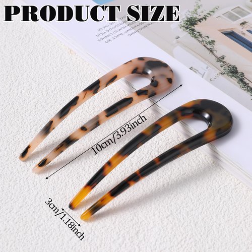 2 Pack French Hair Forks French Twist Stick Hair Fork Tortoise Shell U Shaped Hair Pins,4 Inch Classic Cellulose Acetate 2 Prong Bun Hair Sticks for Buns Flexible Vintage Styling Hair Accessories