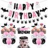 Halloween Birthday Party Decorations, Pink Black Glitter Happy Birthday Banner & Spider Garland, Cute Ghost Cupcake Toppers and Halloween balloons for kids Halloween Birthday,Girl Halloween Birthday