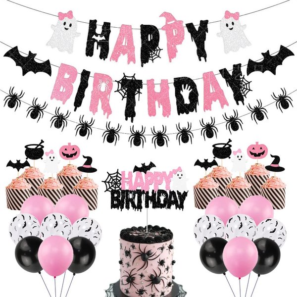 Halloween Birthday Party Decorations, Pink Black Glitter Happy Birthday Banner & Spider Garland, Cute Ghost Cupcake Toppers and Halloween balloons for kids Halloween Birthday,Girl Halloween Birthday