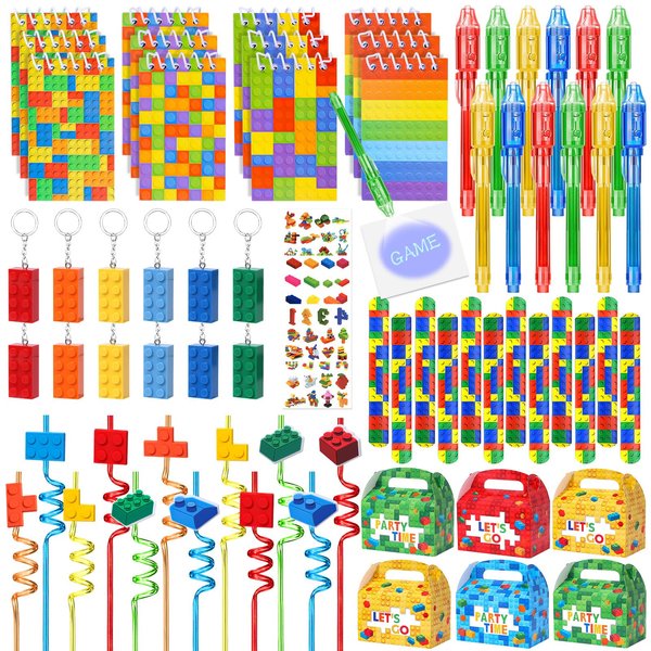 KELENO 76 PCS Building Block Birthday Party Favors Supplies Invisible Ink Pen Notebook Straw Box Goodie Bag Stuffer Kids Boys Toy Gifts Christmas Carnival Classroom Prize