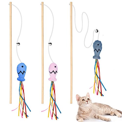 IUHKBH Cat Wands, 3 PCS Wood Cat Teaser Wands Interactive Cat Toys with Catnip Fish for Cat and Kitten