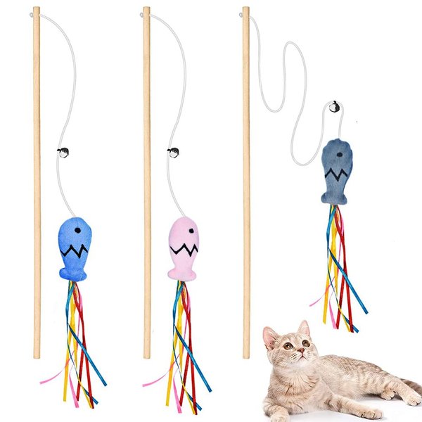 IUHKBH Cat Wands, 3 PCS Wood Cat Teaser Wands Interactive Cat Toys with Catnip Fish for Cat and Kitten