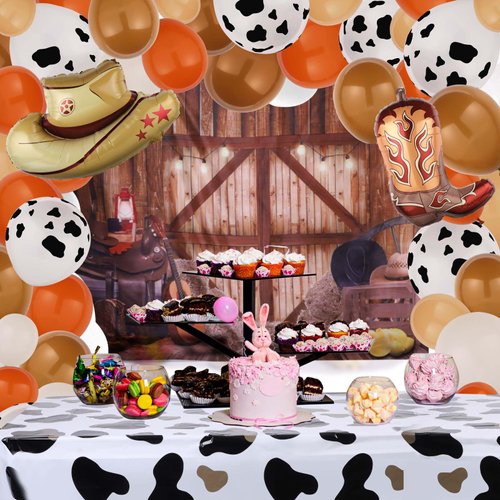 114 Pcs Cowboy Birthday Party Decorations Western Cowboy Party Supplies Includes 112 Pcs Cowboy Balloons, 1 Pcs Western Banner and Cowboy Tablecloth for Baby Shower Boys Birthday