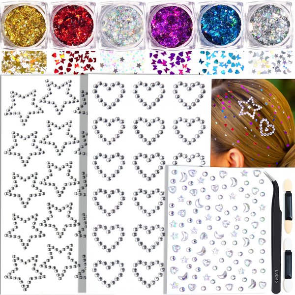 Face Glitter Body Glitter Gel with Face Heart Star Stickers, 6 Colors Hair Glitter Gel with Self Adhesive Face Gems Stick on Rhinestone Stickers for Face, Hair, Body for Festival Makeup