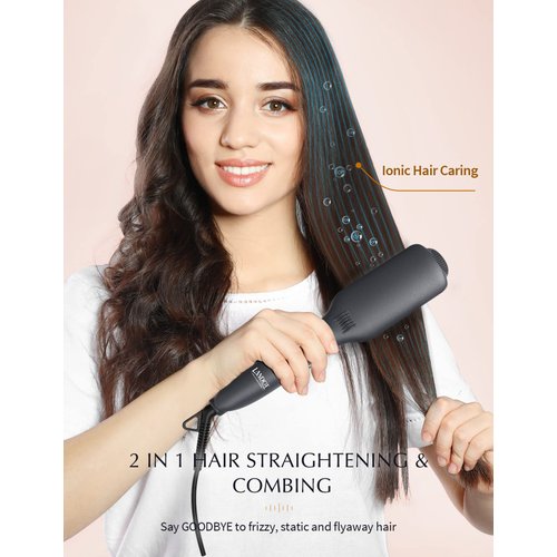LANDOT Hair Straightener Brush Heated Straightening Brush: Negative Ion Hot Hair Brush for Smooth Frizz-Free Women Hair - Ceramic Flat Iron Brush - Dual Voltage Anti-Scald Fast Heating (Renewed)
