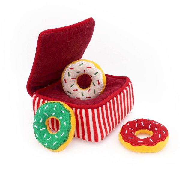 ZippyPaws Burrow Christmas Dog Toy - Plush Squeaky Holiday Dog Gifts for Small & Medium Puppy Dogs, Interactive Hide & Seek Stocking Stuffers for Pets - Xmas Donutz Box