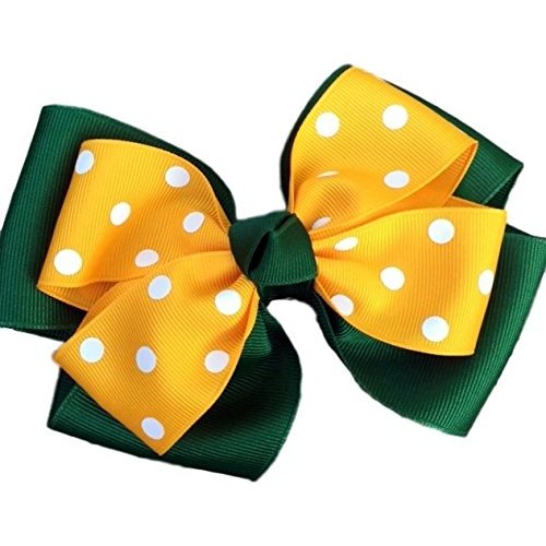 Victory Bows Polka Dot Double Quad Grosgrain Hair Bow- The Siena Marie Hunter Green and Gold- Made in the USA French Clip Q900PR