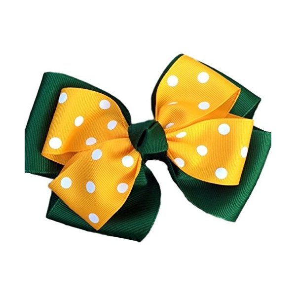 Victory Bows Polka Dot Double Quad Grosgrain Hair Bow- The Siena Marie Hunter Green and Gold- Made in the USA French Clip Q900PR