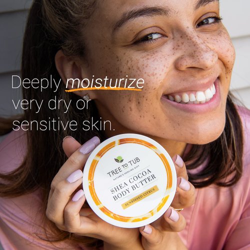 Tree to Tub Shea Body Butter for Dry, Extremely Dry, Sensitive Skin - Moisturizing Body Cream for Women & Men, Hydrating Body Lotion Moisturizer w/Vitamin C, Organic Cocoa, All Natural Citrus Scent