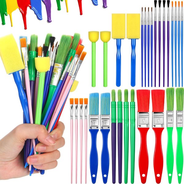 Lincia 30 Pcs All Purpose Paint Brush Set Bulk for Acrylic and Washable Paints, Easy to Clean and Hold, Round and Flat Kids Brushes, Great with Watercolors